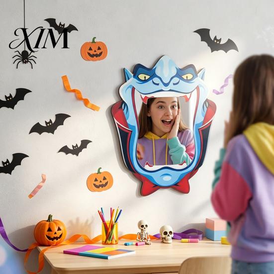 Witchy Aesthetic Wall Art Halloween Wooden Decorative Mirror, Pumpkin Ghost Bat Witch Cartoon Mirror Decor, Fun for Entryway Party, Festive