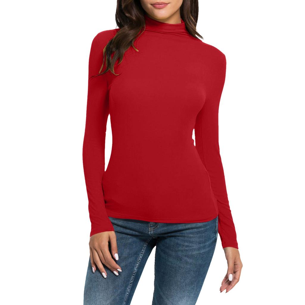 Women's Fashion Slim-Fit Stretch Base Layer Top Solid Colour Long-Sleeved Blouse