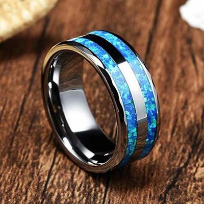Серебристый цвет, двойная канавка, инкрустация голубым опалом, мужские кольца из нержавеющей стали, высокополированные свадебные и помолвочные кольца для женщин