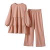 2 Pcs/Set T-shirt Pants Set Solid Color O Neck Long Sleeve Pleated Patchwork Top Wide Leg Elastic Waist Pockets Trousers Lady Ca