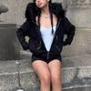 Gotik Qora Sun'iy Mo'ynali Yoqali Kapyushonli Kardiganlar, Fermuarli Kapyushonlar, Gotik Grunge Cho'ntaklar, Qora Kurtkalar, Ayollar Y2k Streetwear