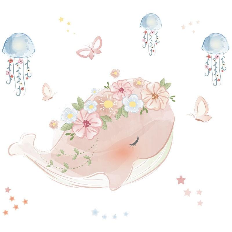 Новый милый розовый венок с китами, медуза, стикер на стену, детские комнаты, спальня, гостиная, украшения, фреска для домашнего декора, наклейки, обои