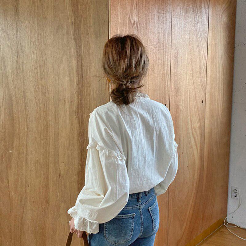 2023 Vintage Casual Elegant Tops Women Hollow Out Women Shirts Solid Long Sleeve Korean Style Bow Loose Blouses Blusas 9580