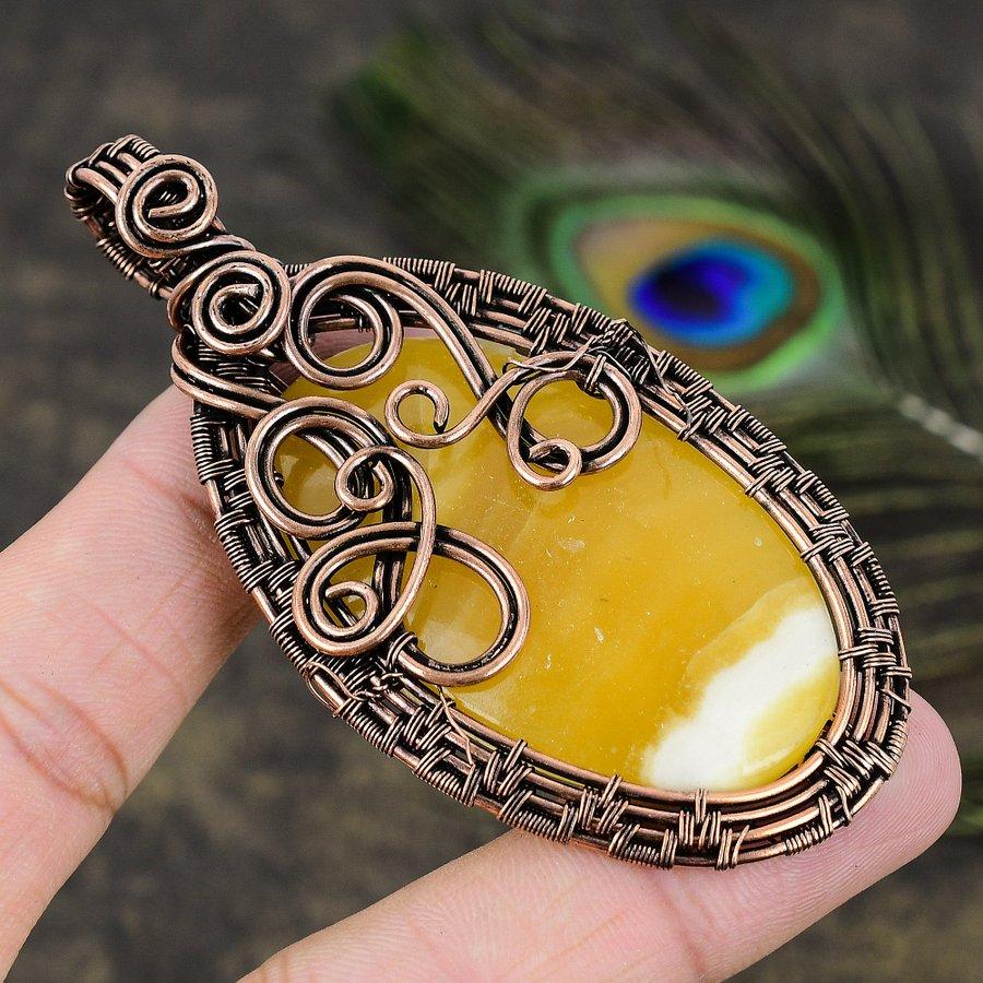 Желтый Флюорит Драгоценный Камень Медная Проволока Оплетка Ювелирная Подвеска 3.27