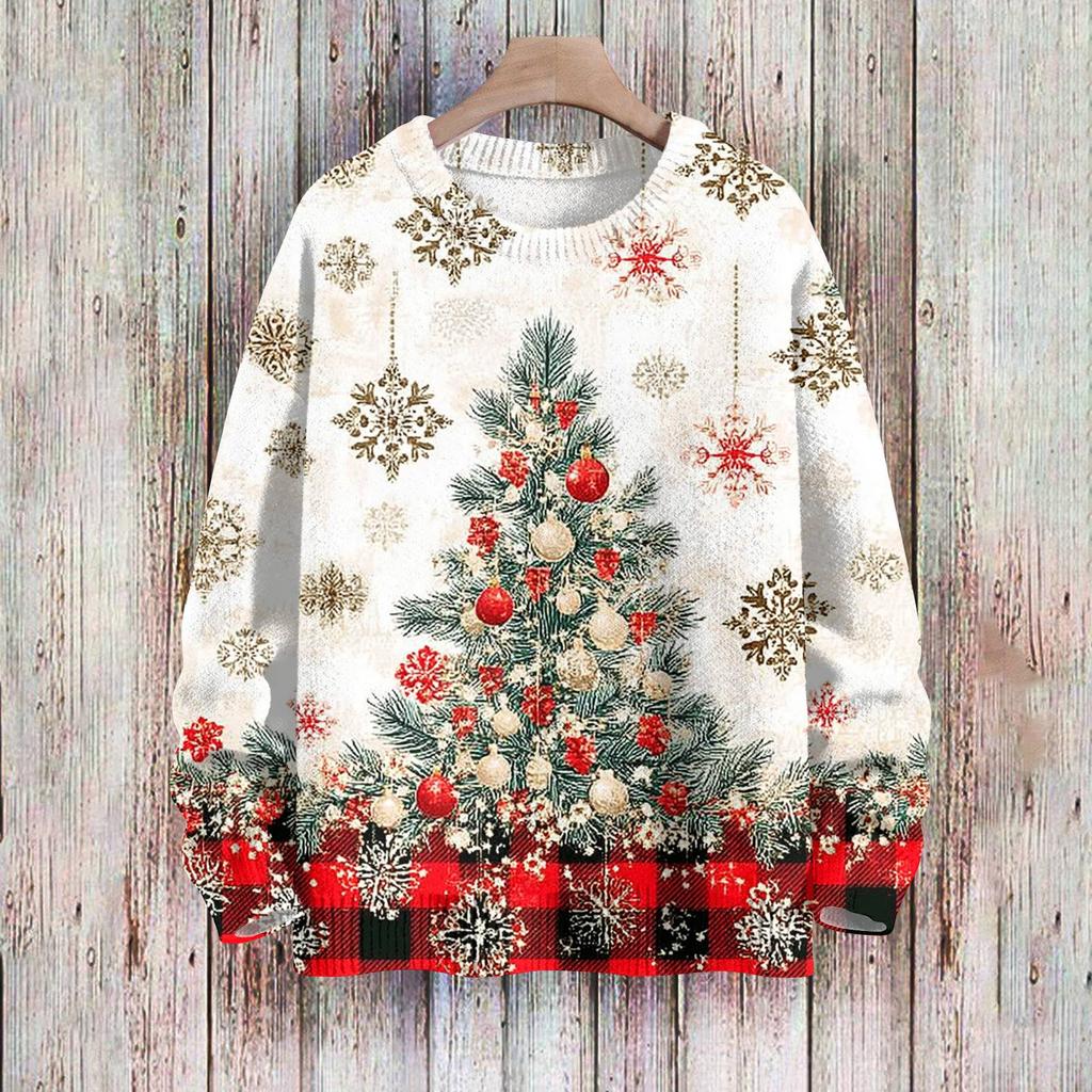 Рождественские толстовки для женщин Вязаный свитер Милая рубашка Осенний свитер с круглым вырезом Топы
