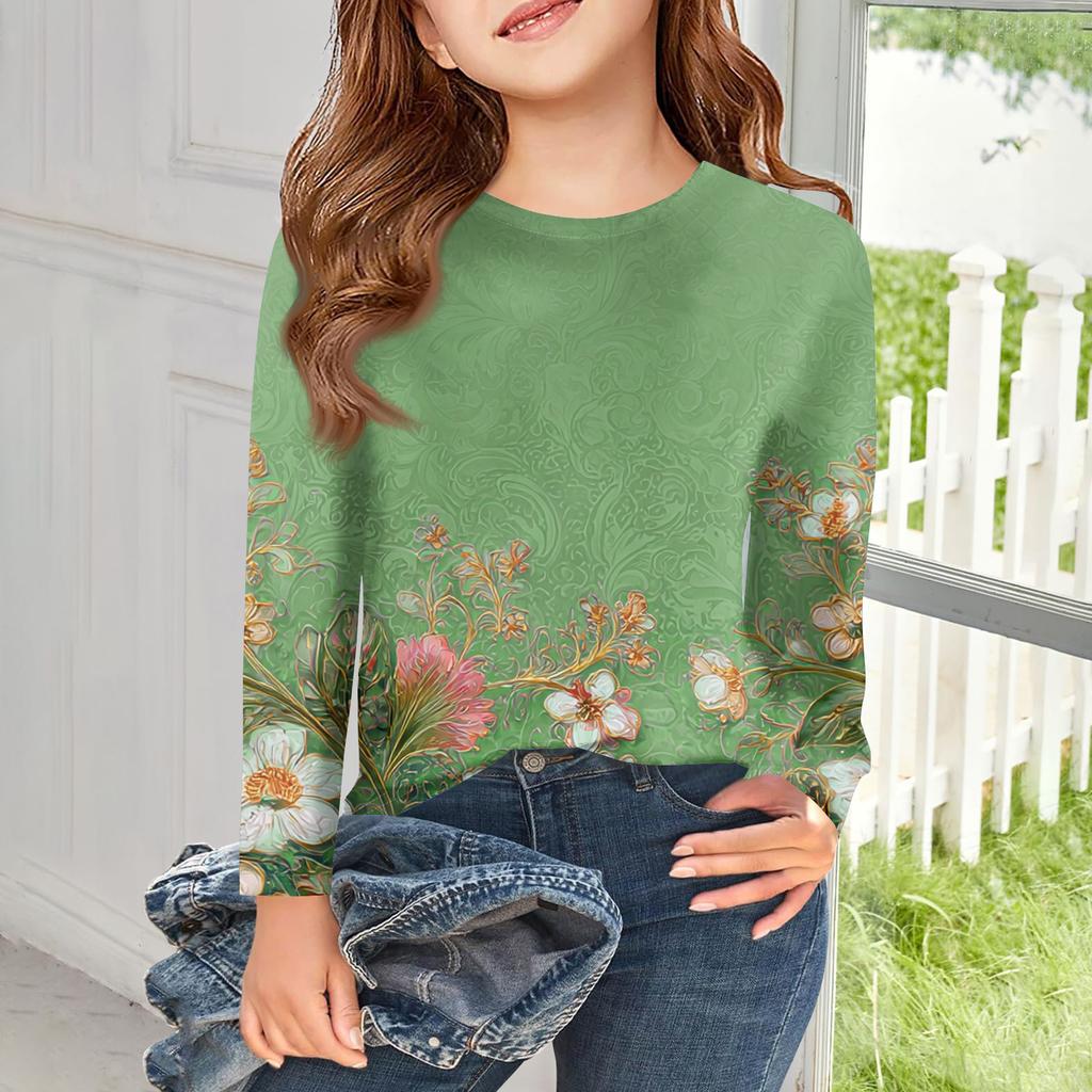 Girls Long Sleeve T Shirts Kids Fall Tops Crewneck Printed Basic Tees