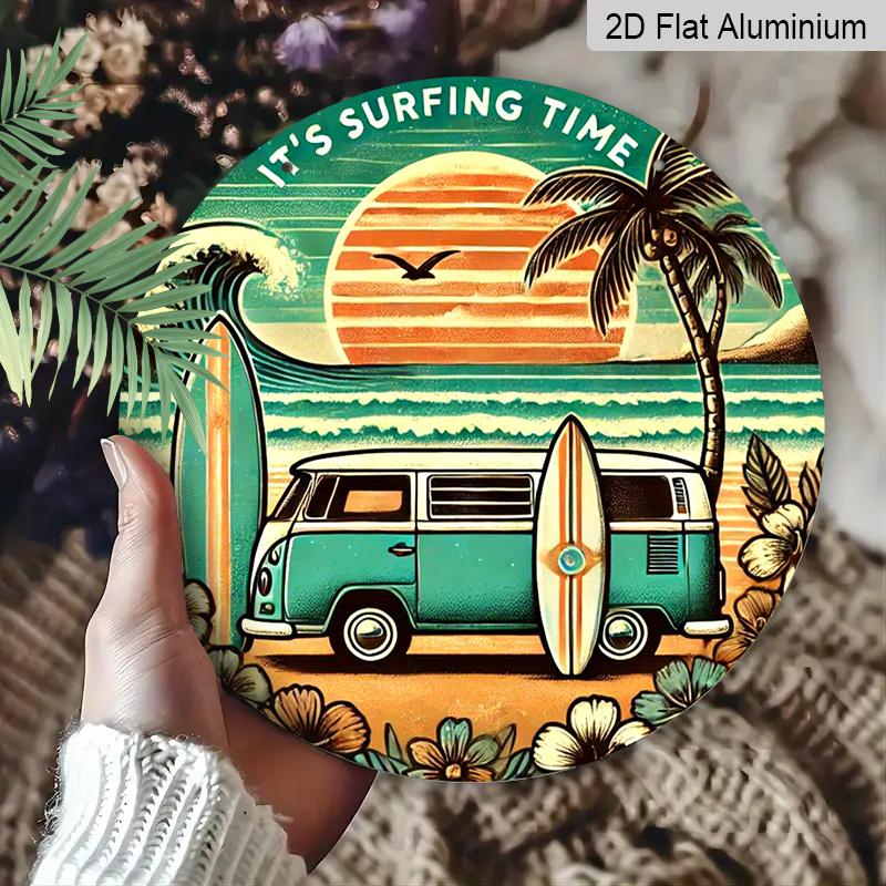 2D Flat, 1pc Round Aluminum Sign, "It's Surfing Time" Retro Beach Van Design, Vintage Surfing & Palm Tree Metal Wall Art, Ideal for Beach House