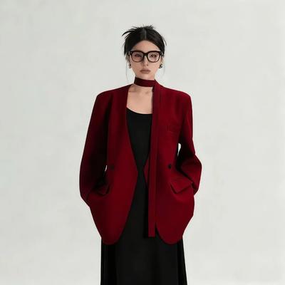 Женский oversize блейзер из смесовой шерсти бордового цвета, повседневная свободная куртка с открытым передом