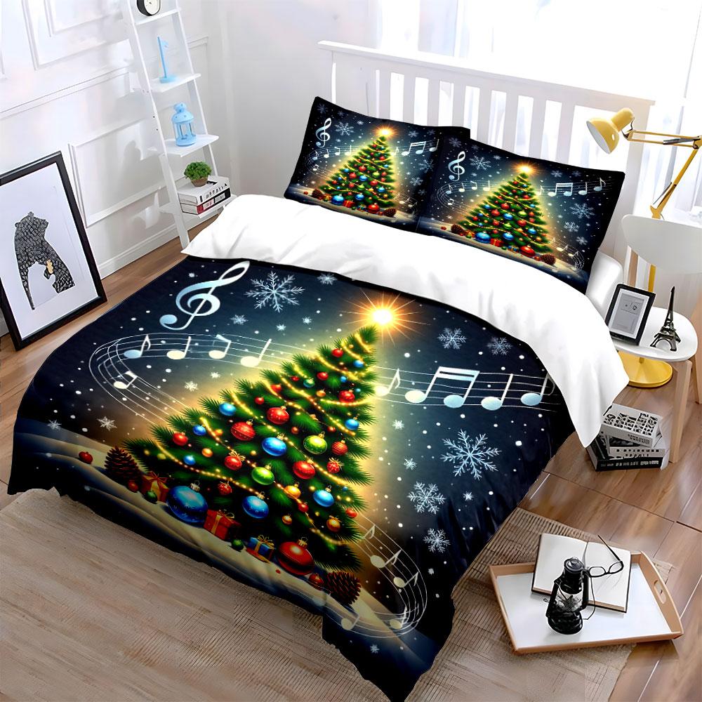 Christmas Tree with Music Notes Bedding Duvet Cover Set Duvet Cover Pillowcases (1*Duvet Cover 2*Pillowcases, without duvet insert)
