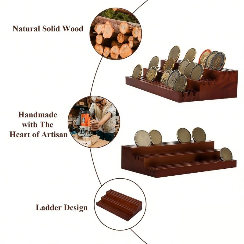 Trapezoid Multi Layer Wooden Coin Display Shelf for Coin Collections with Sturdy Base Easy Assembly and Classical Home Decors