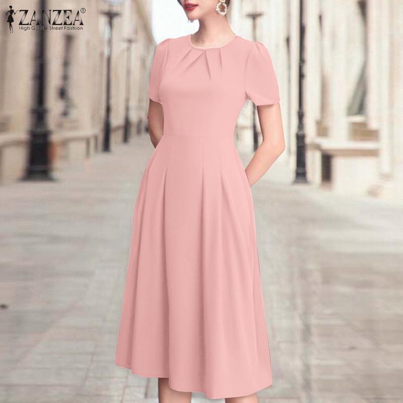 ZANZEA Женское летнее повседневное платье с круглым вырезом и коротким рукавом