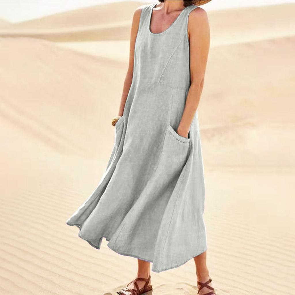 Women's Fashion Casual Solid Colour Sleeveless Cotton Linen Pocket Dress