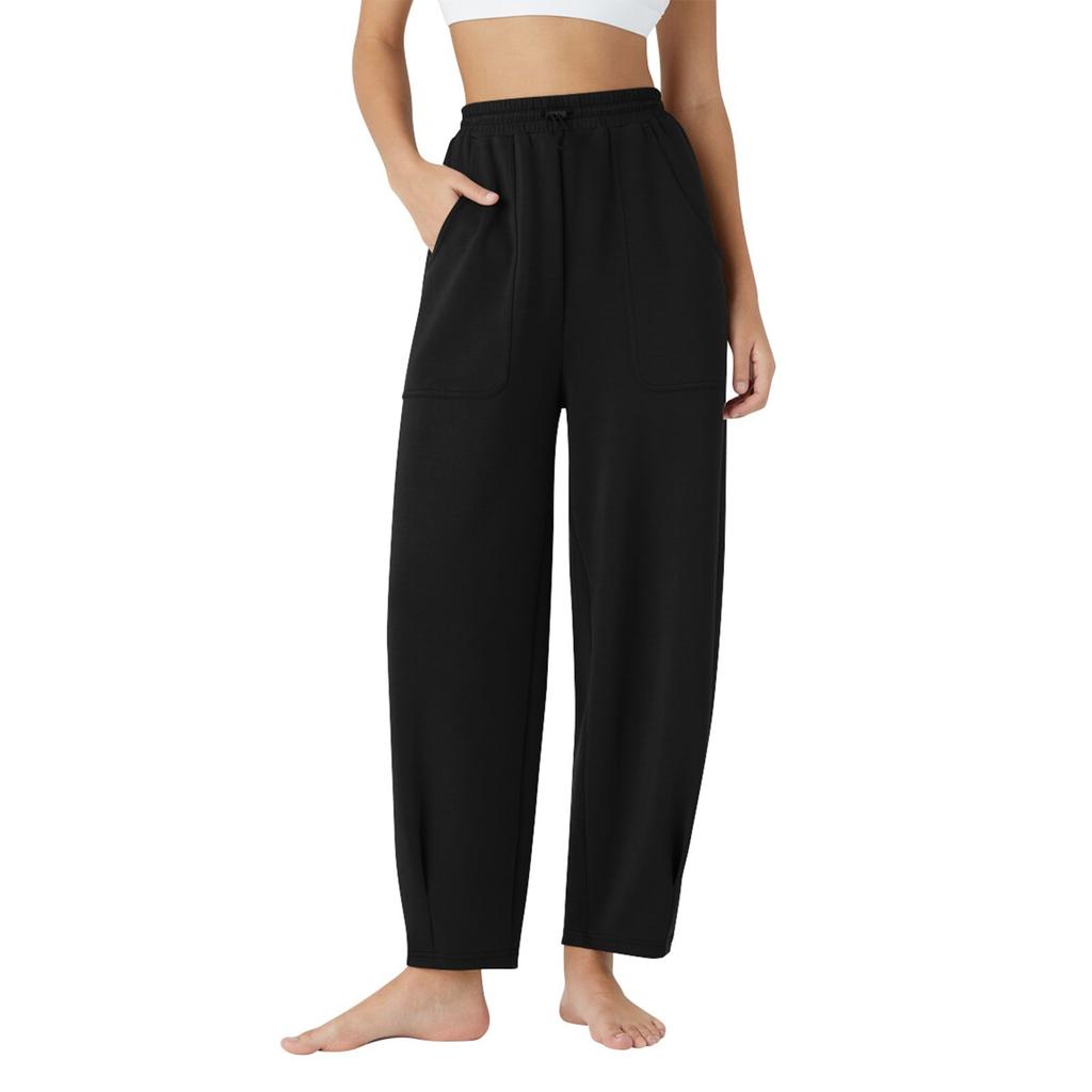 Женские повседневные однотонные спортивные брюки с карманами и завязками на талии, укороченные брюки