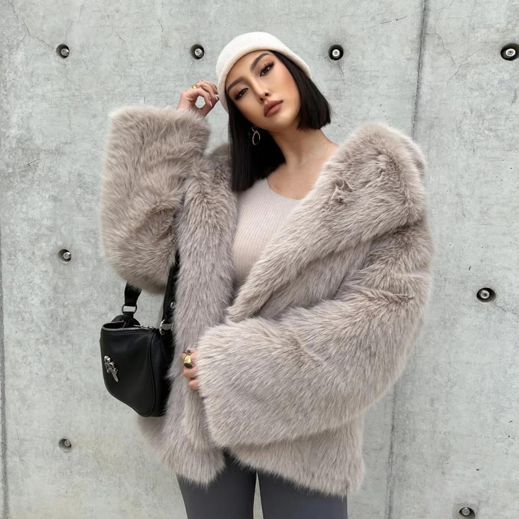 Fashionable Street Style Fox Fur Coat Loose Suit Collar Medium Long Imitation Fur Coat for Women Autumn-winter Fur Overcoat