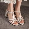 Women Sandals Genuine Cow Leather Sandals for Women Shoes 2024 Summer Open-Toed Mid-Heel Retro Roman Sandals Women High Heels