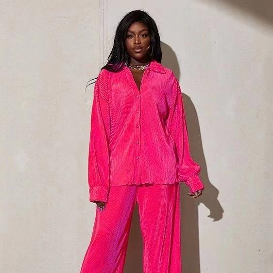 Осенний курортный стиль, рубашка с лацканами в стиле ретро и эластичной талией, широкие брюки, комплект из двух предметов, женский костюм