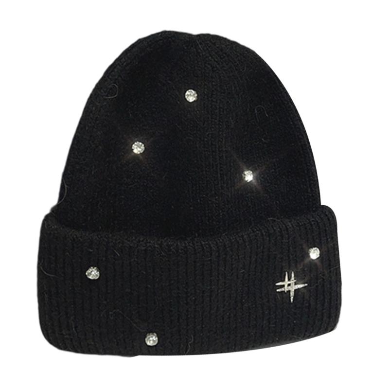 Acrylic Fibre Knitted Brimless Hat with Rhinestones Decors Winter Warm Skull Cap For Women Teens Girl Daily Outfit