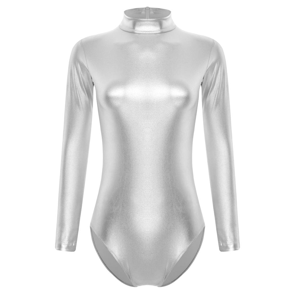 Женский блестящий спортивный купальник металлик, боди с длинным рукавом, облегающие узкие колготки, цельный комбинезон Rave Disco Party Performance