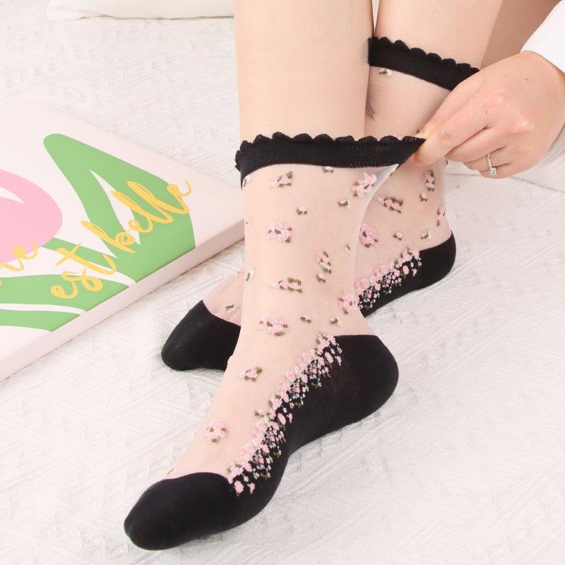 2 пары женских летних цветочных тонких прозрачных эластичных дышащих хлопковых носков