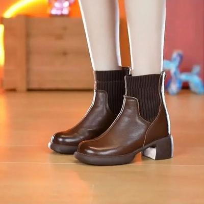 Мода 2024 Женская обувь Теплые Современные Женские Ботинки Классика Ботильоны Женские Вязаные Круглый Носок Средний Каблук Молния Сзади Швейная Обувь Женская