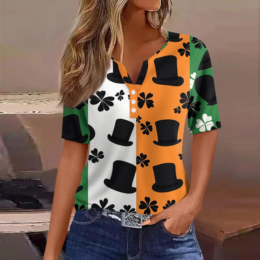 Женская футболка Футболка Принт Пуговица Короткий рукав Повседневная Мода для выходных Базовая V-образный вырез Обычный топ St. День Патрика