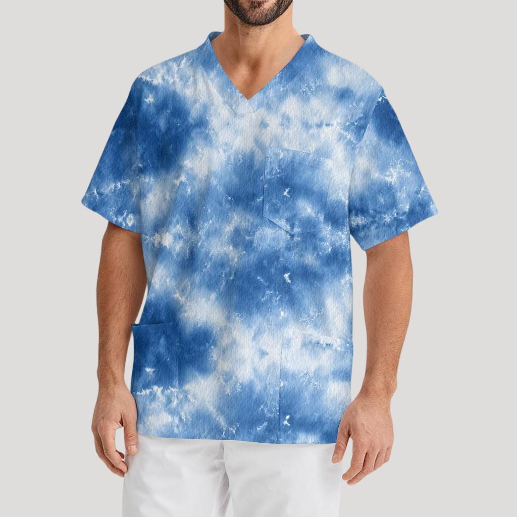 Мужская рабочая блузка с короткими рукавами и v-образным вырезом с принтом, топ с нагрудным карманом