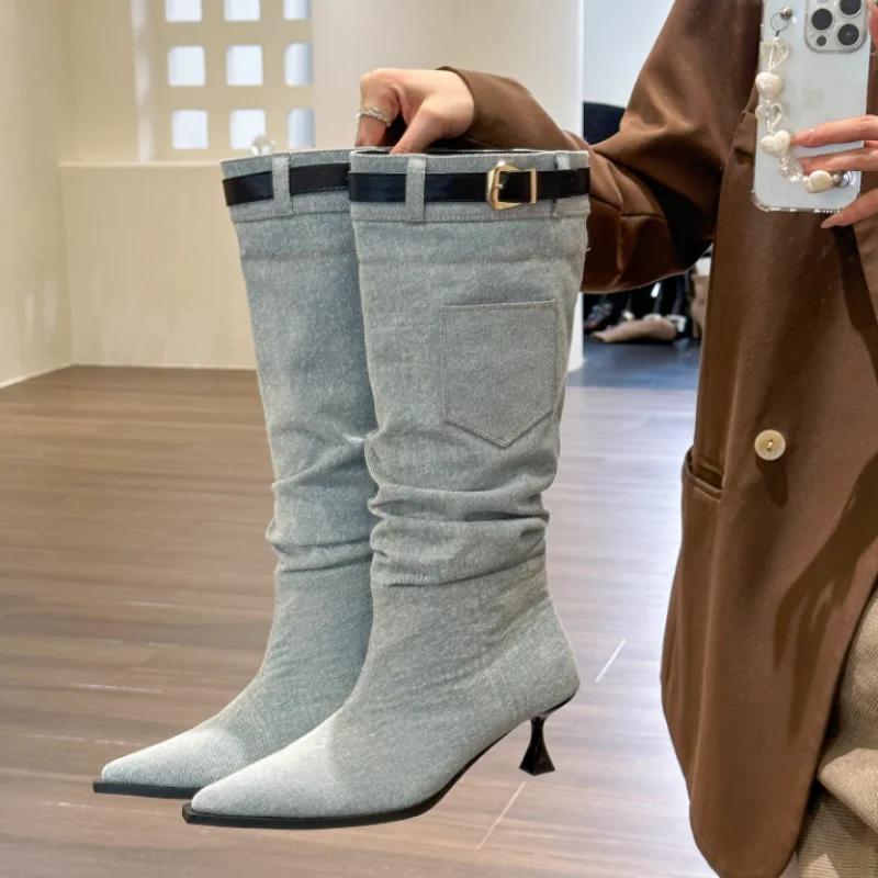 Новые модные однотонные высокие и низкие удобные верхние женские сапоги ковбойские сапоги с острым носком женские сапоги на шпильках