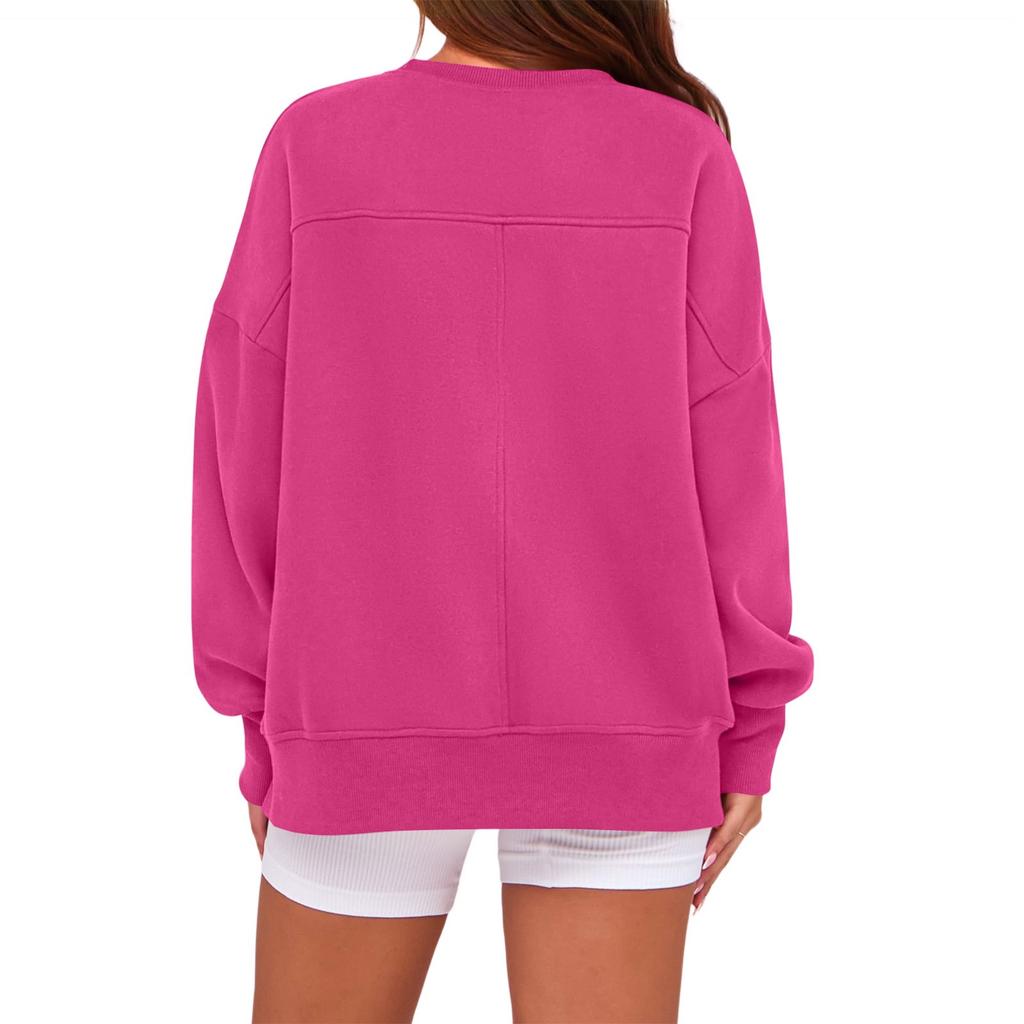 Ladies' Casual And Fashionable Solid Color Round Neck Long Sleeved Slit Loose And Comfortable Sweatshirt