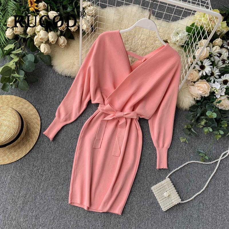 Stylish New Autumn Winter Bag Hip Sweater Dress Female Chic V-neck Bandage Dresses Sexy Women