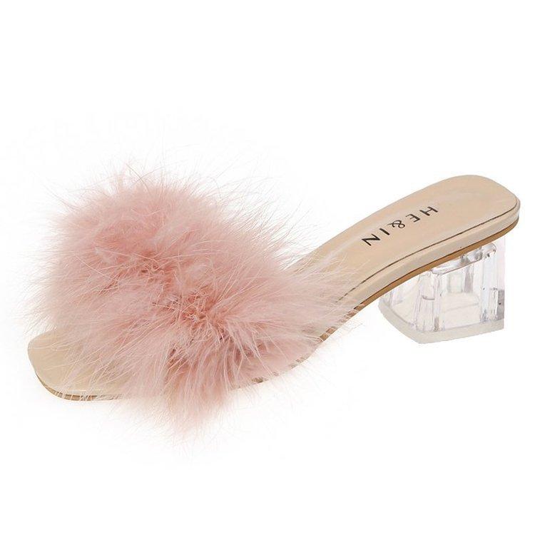 Fashion Mules Sandal Women Summer Outdoor Fashion Slippers Square Toe High Heels Office Ladies Feather Slides Chic Classics Furry Shoes