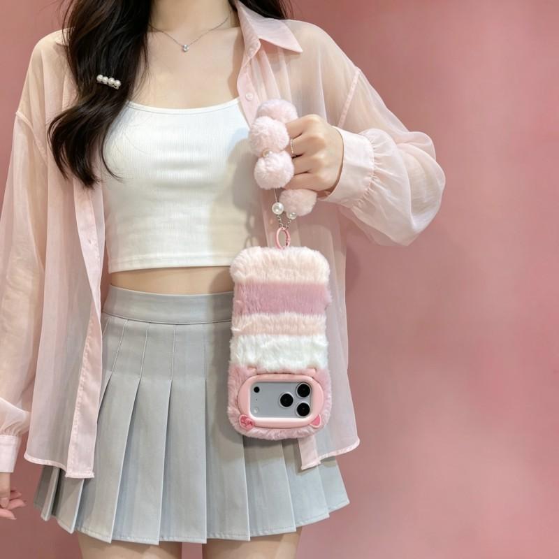 Cute Pink Cat Ears Plush Phone Case with Lanyard Fuzzy Fluffy Shockproof Cover for iPhone 11 12 13 14 15 Plus 16 17 Air 18 Pro Max Cover