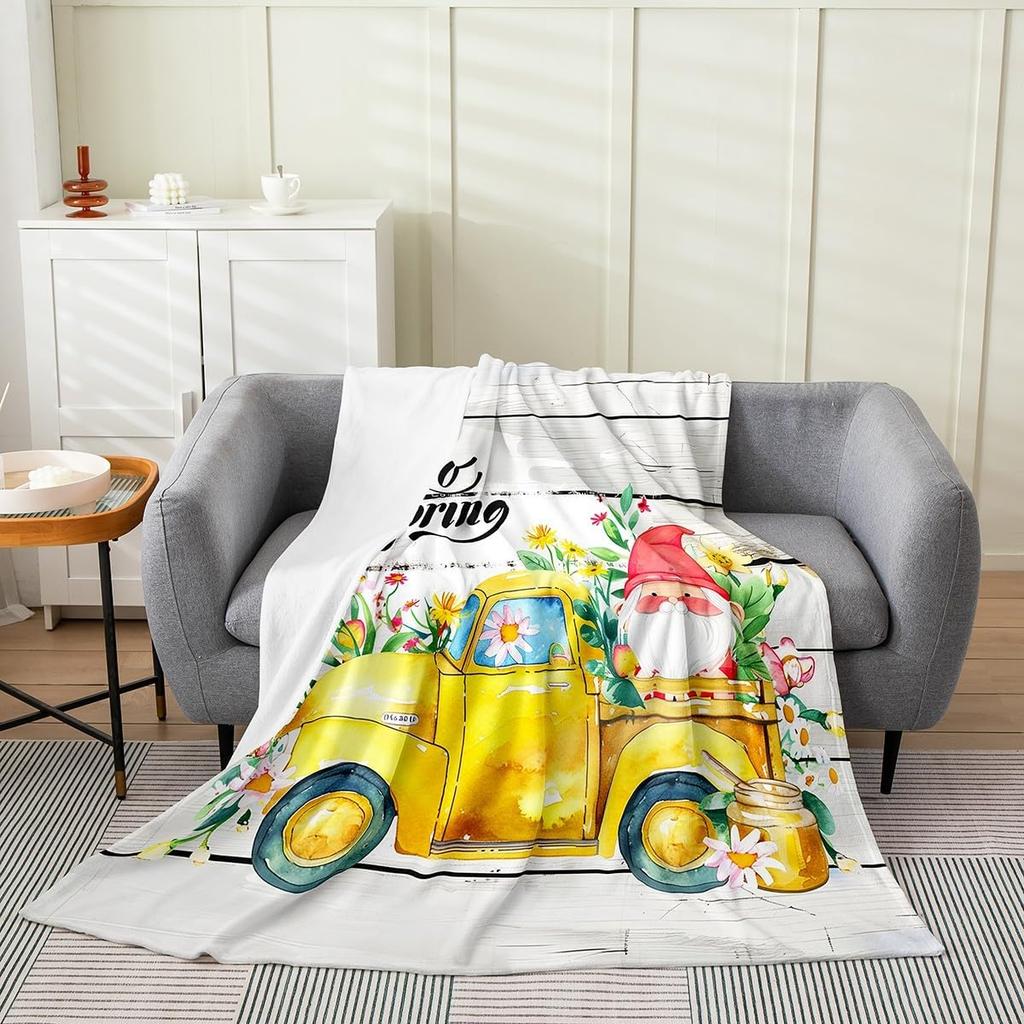 Spring Gnome Throw Blanket,Yellow Sunflowers Fleece Flannel Blanket for Toddler,Floral Truck Fuzzy Blanket,Lovely Bee GnomeDwarf
