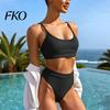Hollow Texture Fabric Swimwear 2Pcs/Set Summer Ribbed Bikini Set High-Waisted Belly Controlling Bottoms U-Shaped Figure Flattering Back Halter