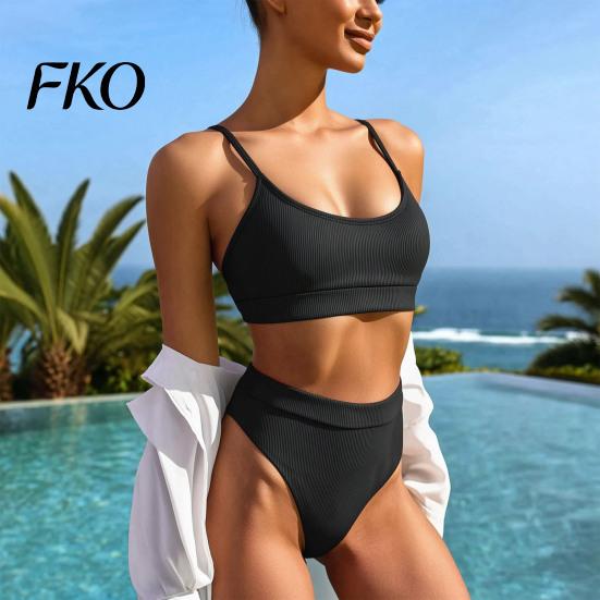 Hollow Texture Fabric Swimwear 2Pcs/Set Summer Ribbed Bikini Set High-Waisted Belly Controlling Bottoms U-Shaped Figure Flattering Back Halter