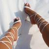 Lace-up Solid Color 2024 New Thick-soled Women's Sandals Summer Versatile Square Toe Ankle Strap Stiletto Heel Women's Shoes