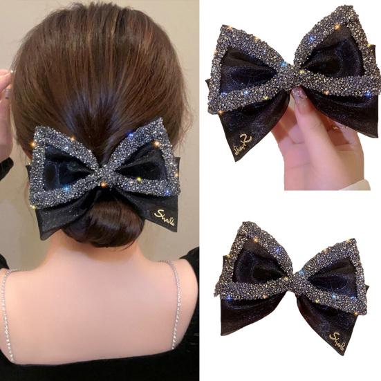 Shiny Rhinestones Non-Slip Spring Clip Tight Elegant Big Mesh Bowknot Decor Top Hair Barrette Hair Accessories