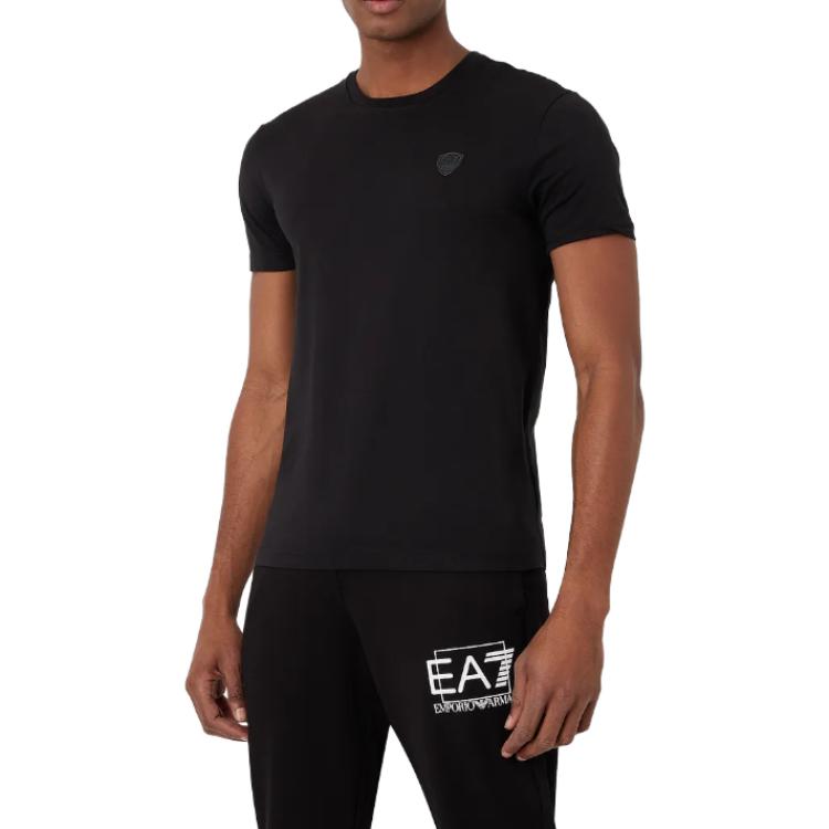 Emporio Armani EA7 Весна/Лето 23 Однотонная футболка-пуловер с логотипом, короткий рукав, мужские топы, черный 3RPT41-PJNTZ-1200