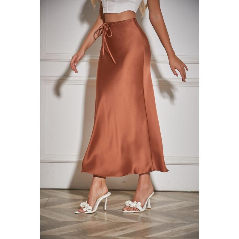 Satin High Waist Drawstring Tie Solid Color Halter Skirt