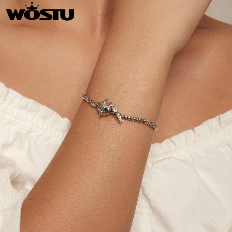 WOSTU Solid 925 Silver Heart Lock Key Basic Chain Bangle Bracelet For DIY Charm Beads Snake Chain Links Jewelry Gift