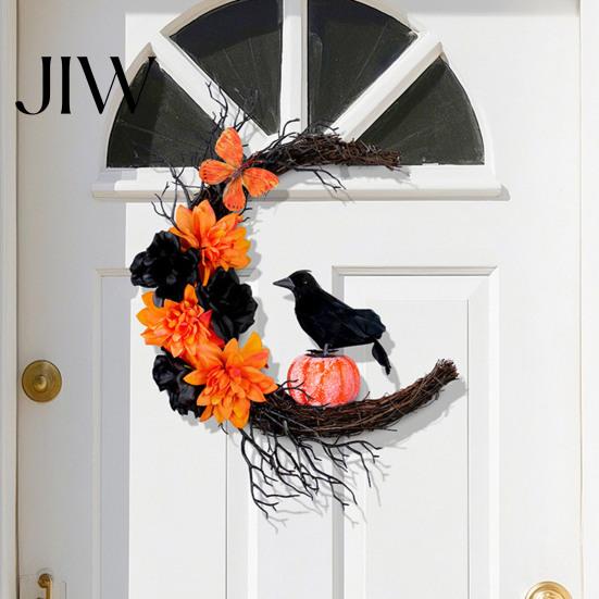 Seasonal Atmosphere Accents Halloween Door Sign, Artificial Floral Branch Crow Moon Wall Hanger with Unique Party Ornaments Bird, Spooky Window