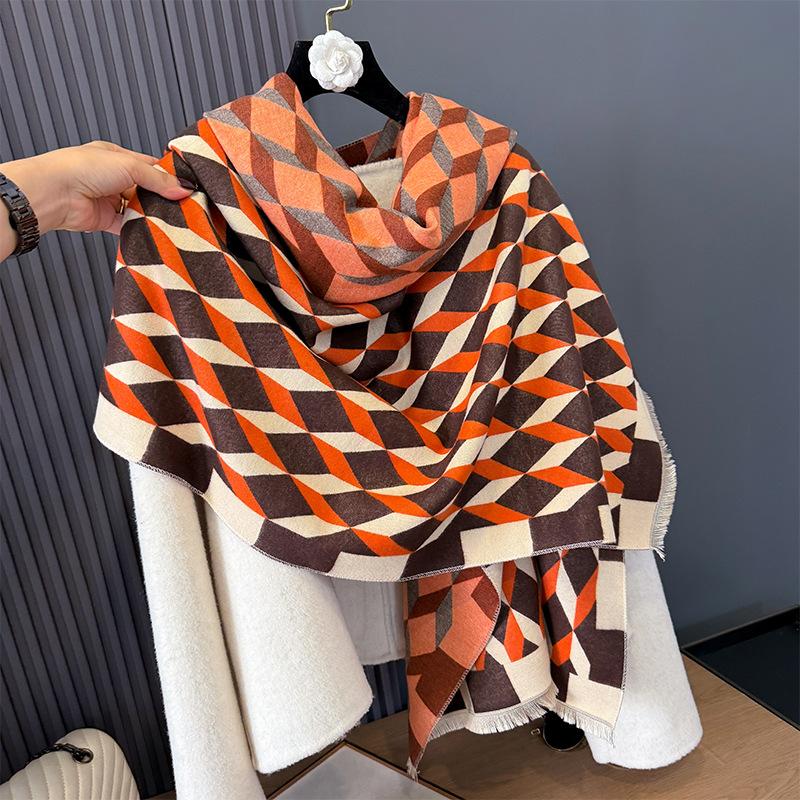 Imitation Cashmere Retro Plaid Pattern Simple Rhombus Pattern Printing Personality High-End Scarf Women