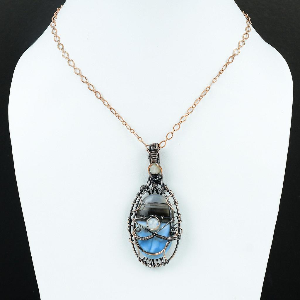 Подвеска из самоцвета Опал Оуайхи Голубой Глаз, обернутая медной проволокой, ручной работы, подарок для нее, медные украшения с лунным камнем, украшения от сглаза