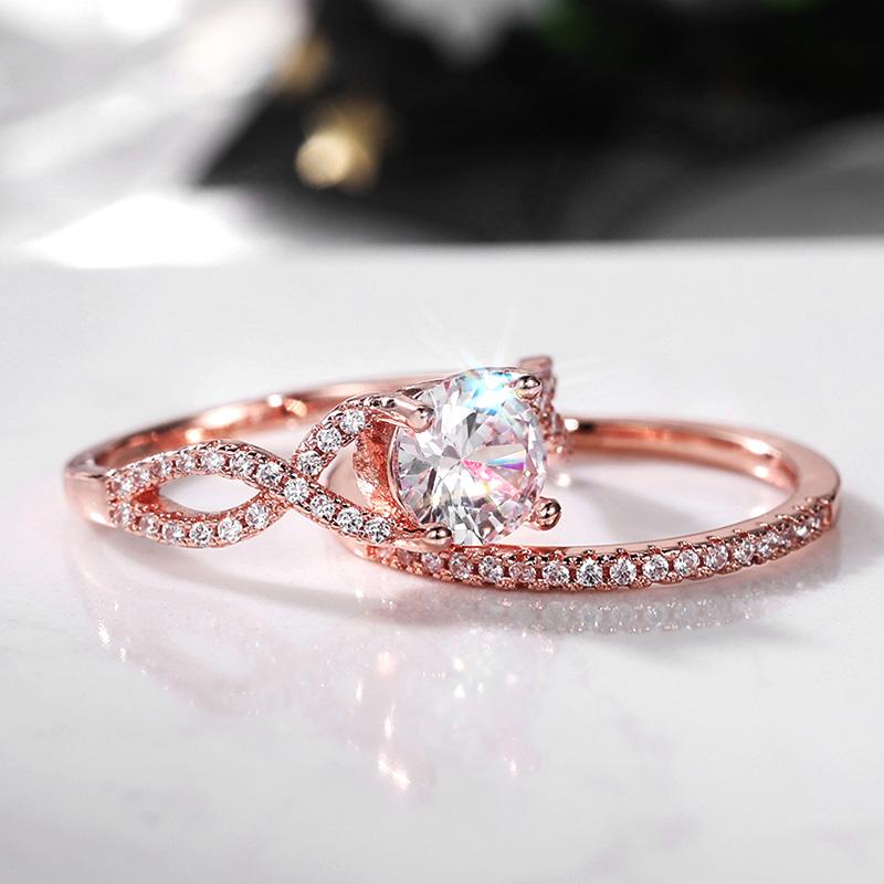 Новый цвет розового золота, двойной штабелируемый набор колец, женские шикарные аксессуары, полный цирконий, женские вечерние украшения, эстетические кольца из 2 шт.