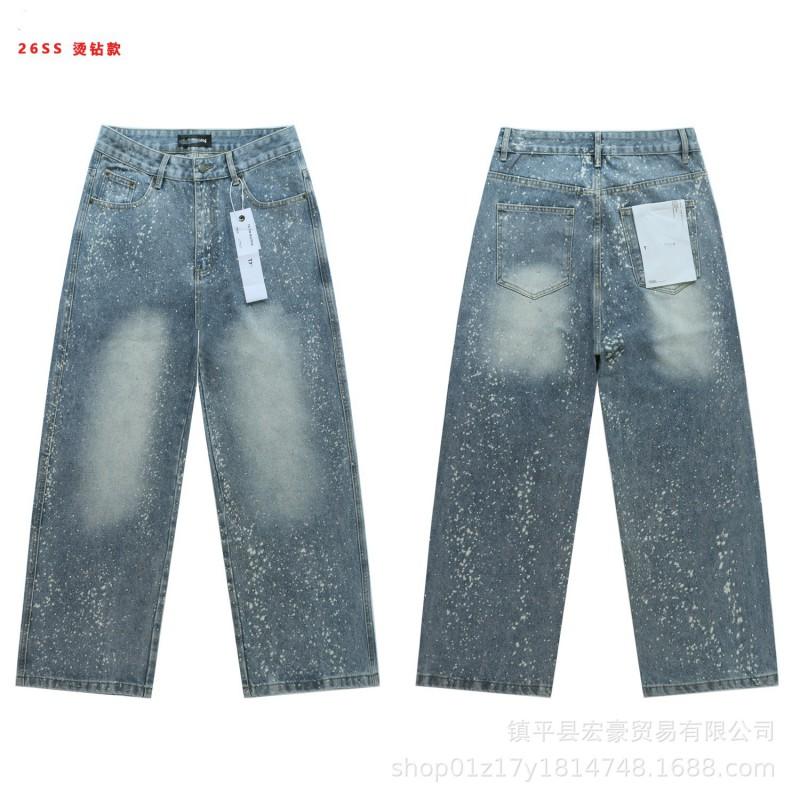 Mens Distressed Straight Leg Denim Pants With Rhinestone Embellishment Mid-Rise Washed Cotton Jeans Streetwear Casual Wear