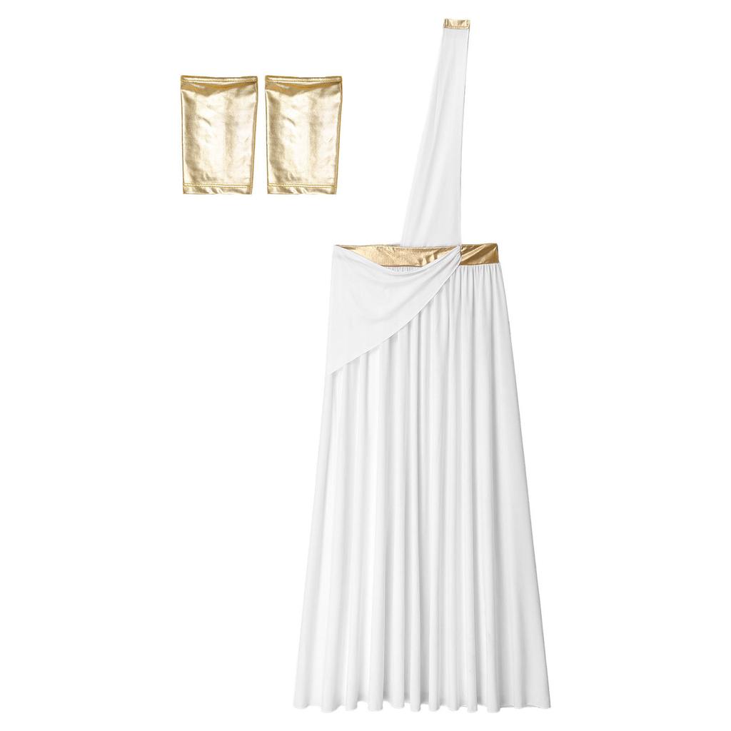 Mens Ancient Greek Cosplay Costume Long Skirt Wristbands One Shoulder Strap Roman Toga Halloween Warrior Gown