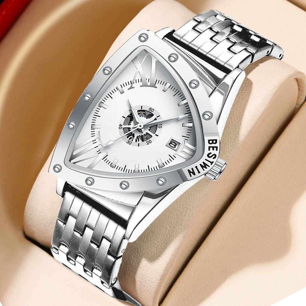 New Fashion Luxury Man Triangle Hollow Skeleton Faux Mechanical Watch Men Business Stainless Steel Quartz Watches reloj hombre