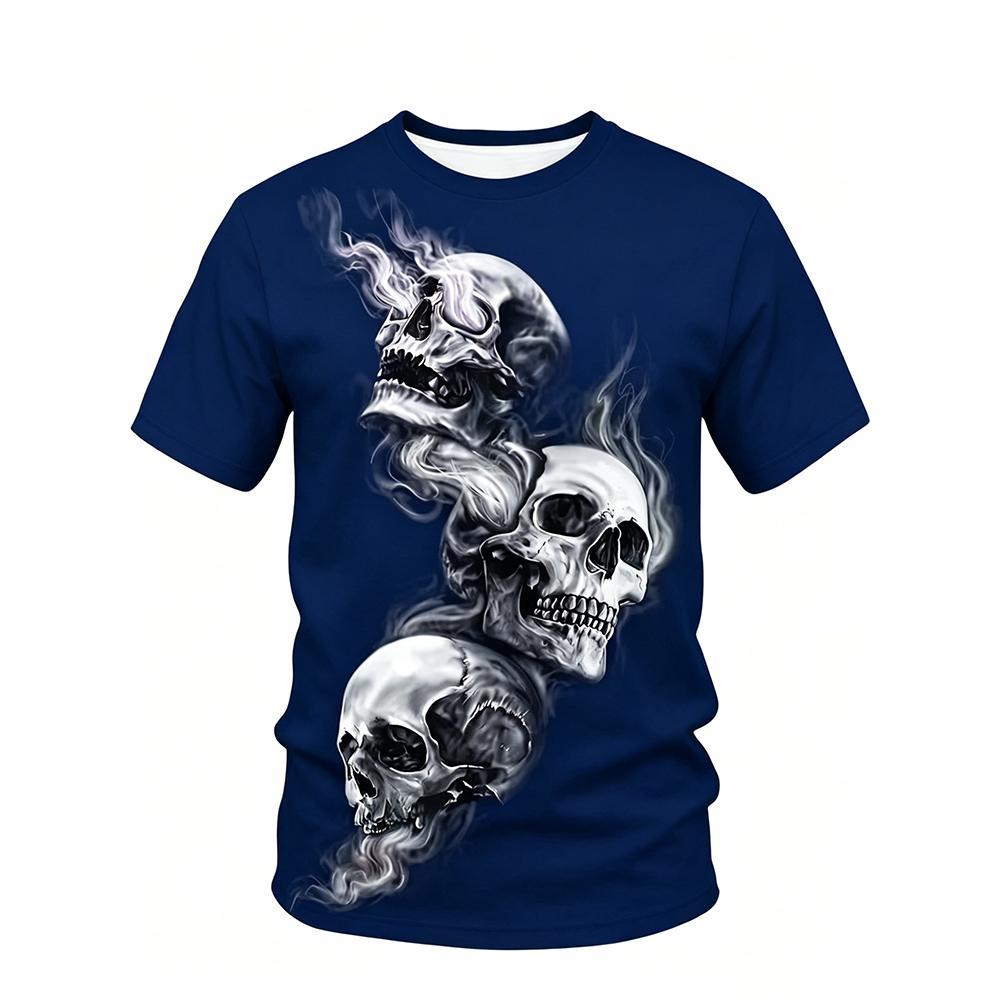 Men's 3D Skull Smoke Print T-shirt Navy Blue Casual Crew Neck Short Sleeve Top Streetwear Gothic Hip Hop Summer Fashion Tops