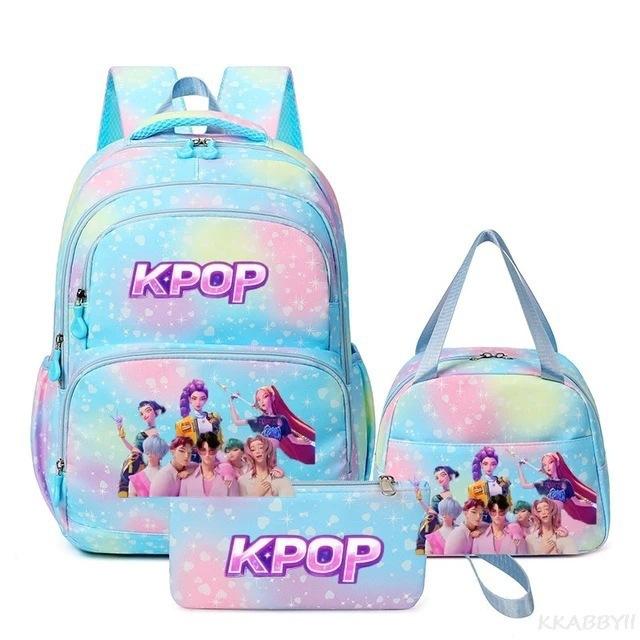 Трехкомпонентный набор K-pop Девушка-Охотник на Демонов Цветной Школьный Рюкзак Сумка для Ланча Пенал Подарочная Коробка