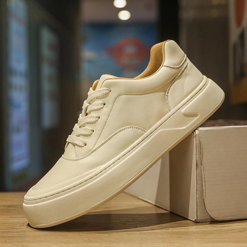 Fashion Luxury Men's High Quality Casual Leather Shoes Comfortable Thick Bottom Designer Lace-up Loafers Fashion Versatile White Shoes