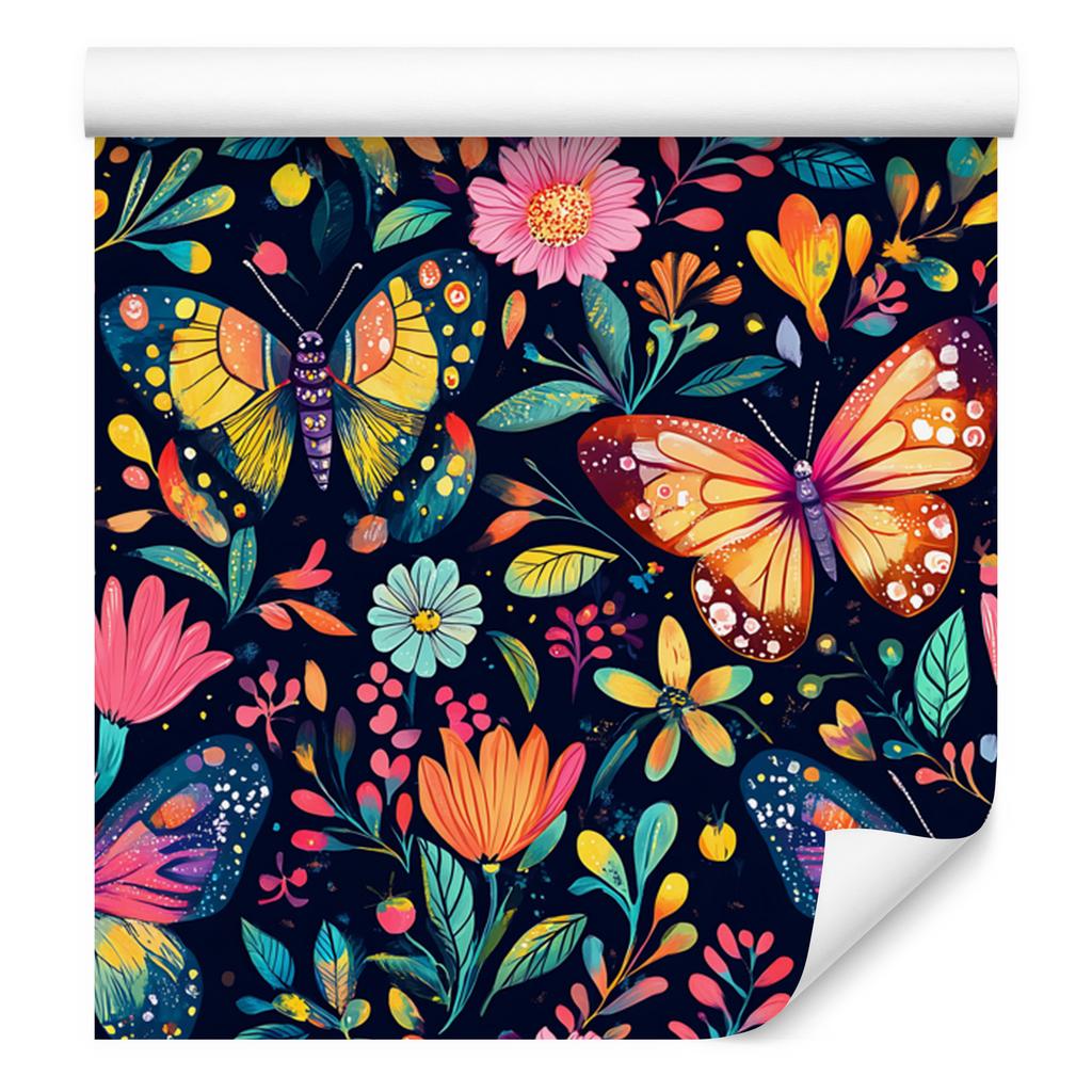 Wallpaper Colorful Butterflies Navy Blue, Turquoise and Burgundy 50x1000